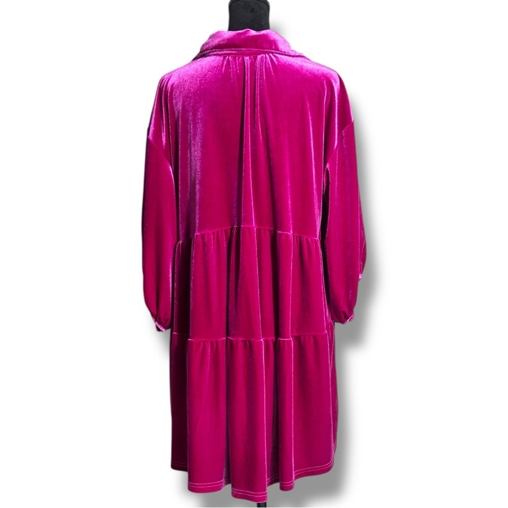 Chic Fuchsia Button-Front Velvet 3/4 Balloon Sleeves Tiered Collared Tunic Top - Picture 7 of 16